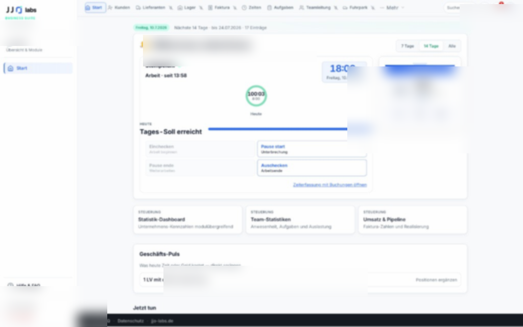 JJO Labs Business Suite Startseite mit Stempeluhr und Übersicht